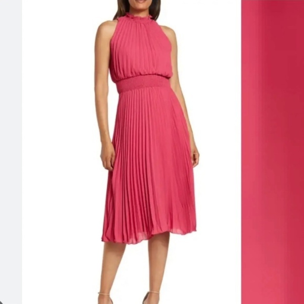 Lucy Paris Pink Pleated Midi Dress Size Large Mock Neck Sleeveless